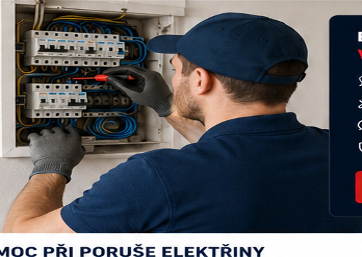 Elektrikář při kontrole domovního elektrického rozvaděče
